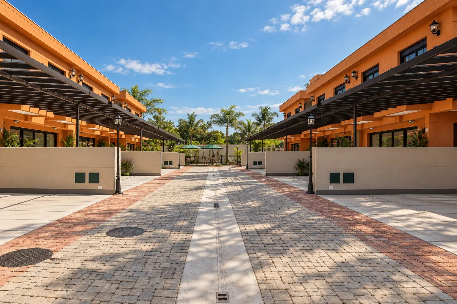 Rua interna do Villa Collina di Fiori, com as casas dos dois lados e jardim ao fundo, no Jardim Prudência