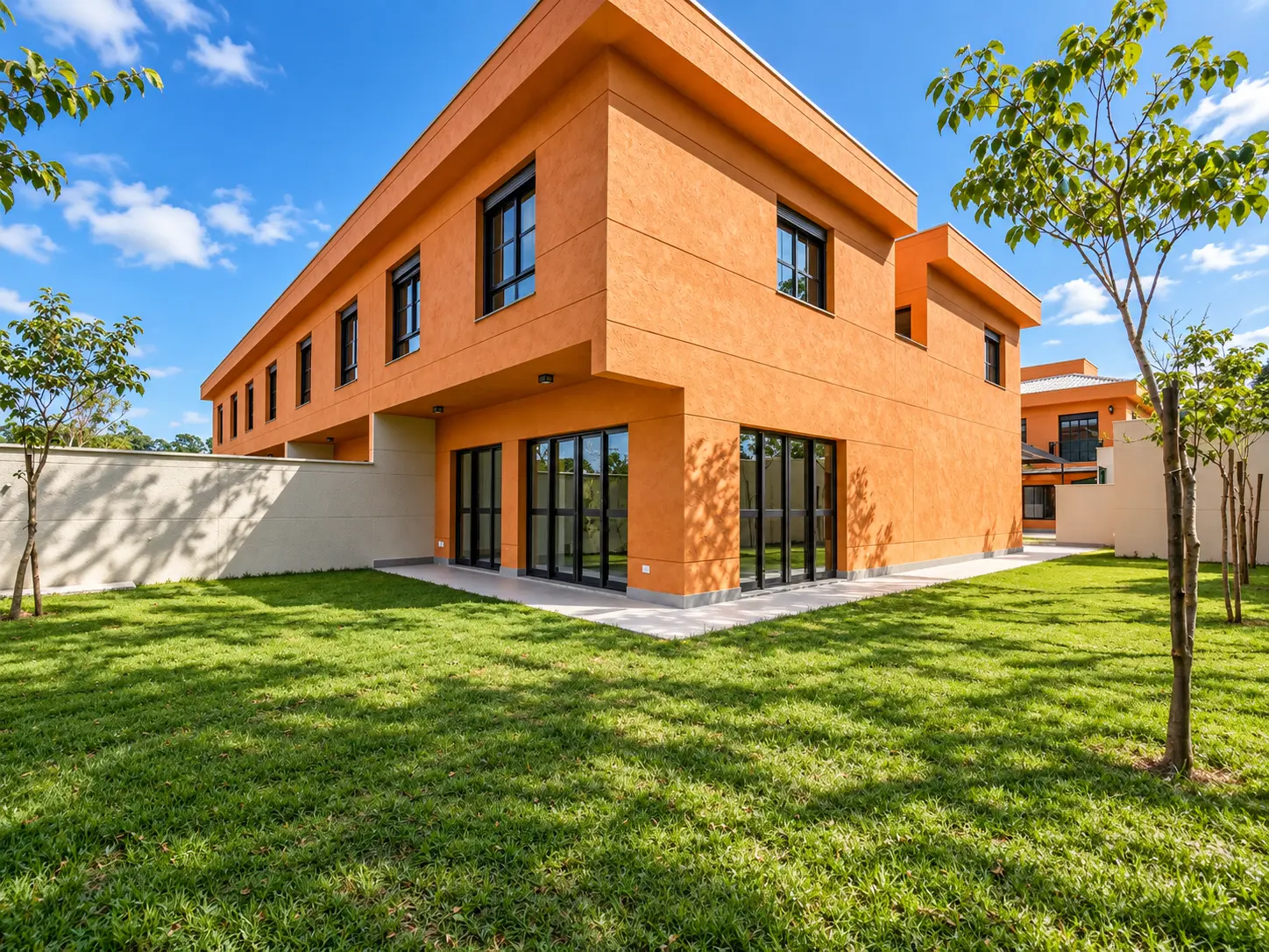 JARDIM DAS CASAS: Gramado e portas de acesso ao living